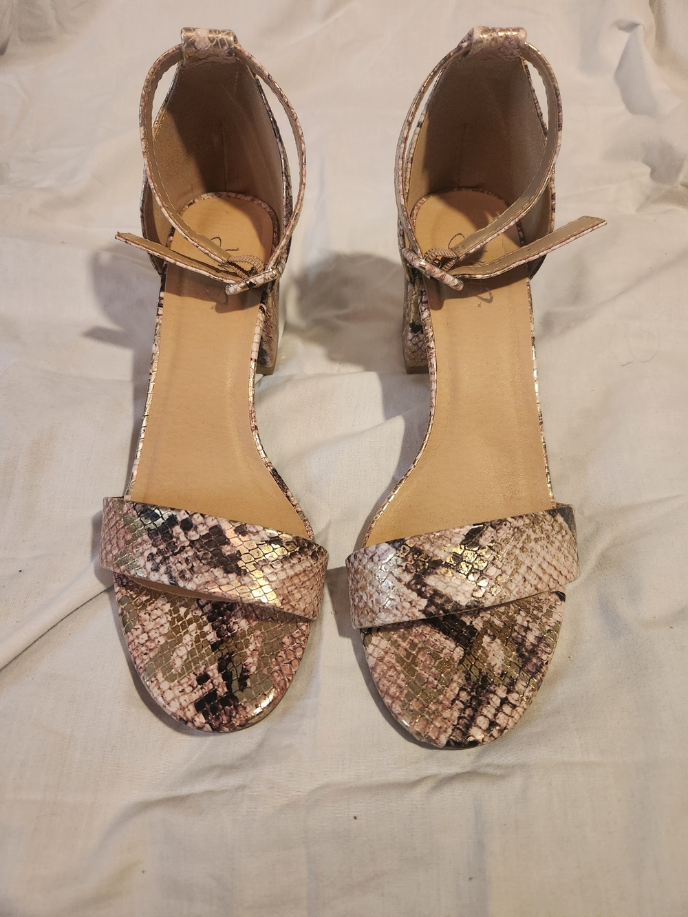 Pink Snake-Print Metallic Block Heels